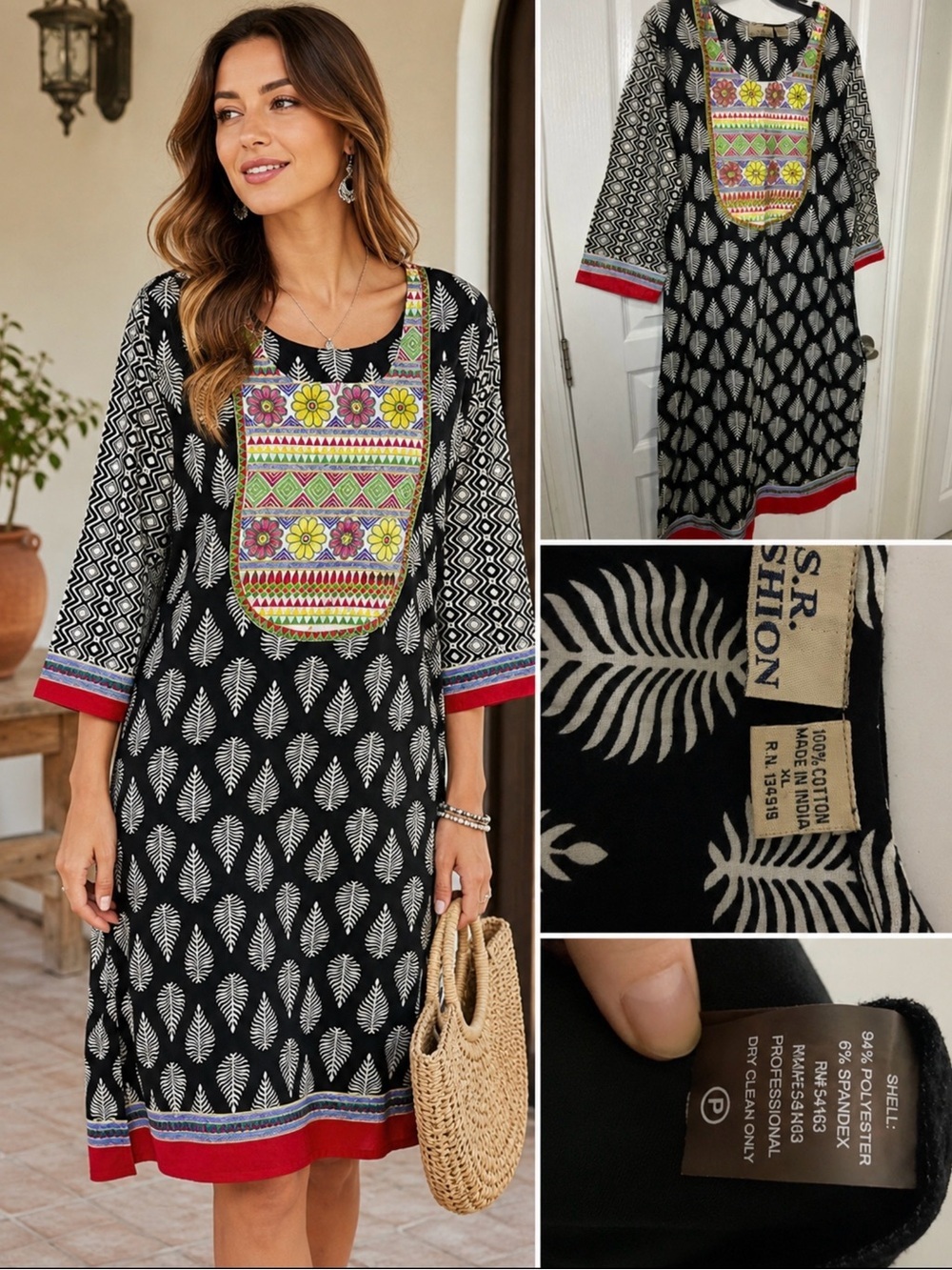 S.R. Fashion Embroidered Cotton Tunic Dress XL Boho India